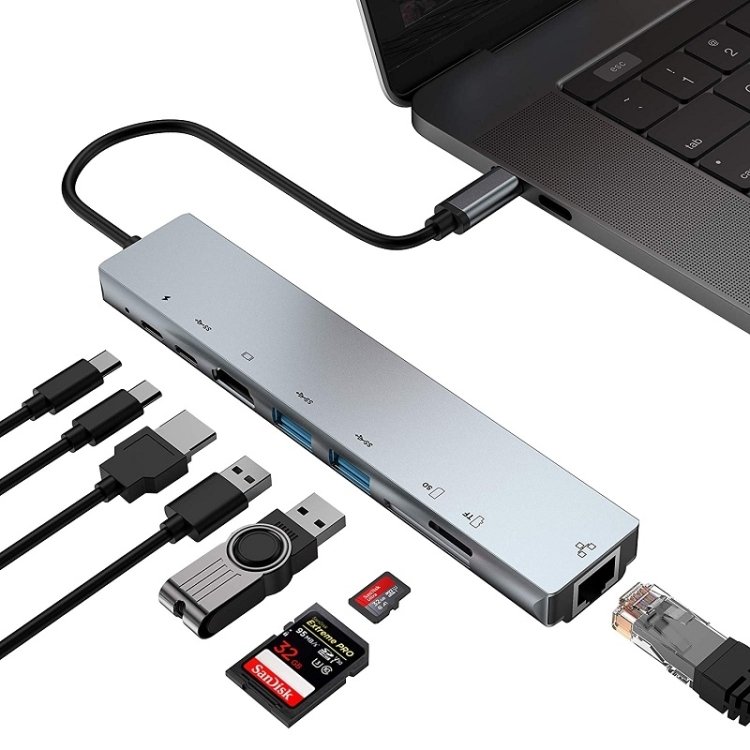 WC7367 8 em 1 87W Tipo-C para PD+USB3.0/USB2.0+SD+TF+HDMI+RJ45+Tipo-c Docking Station HUB
